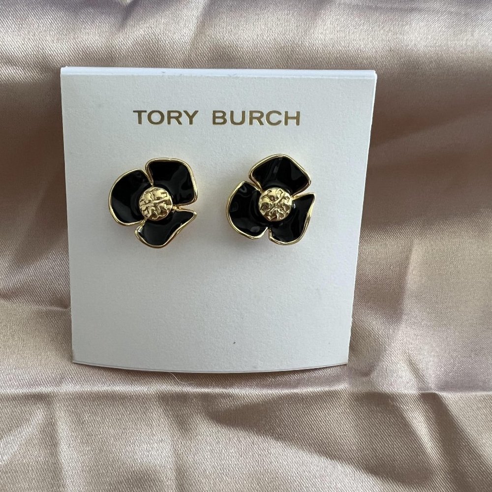 Tory Burch golden & black flower with double T logo in the center stud earrings